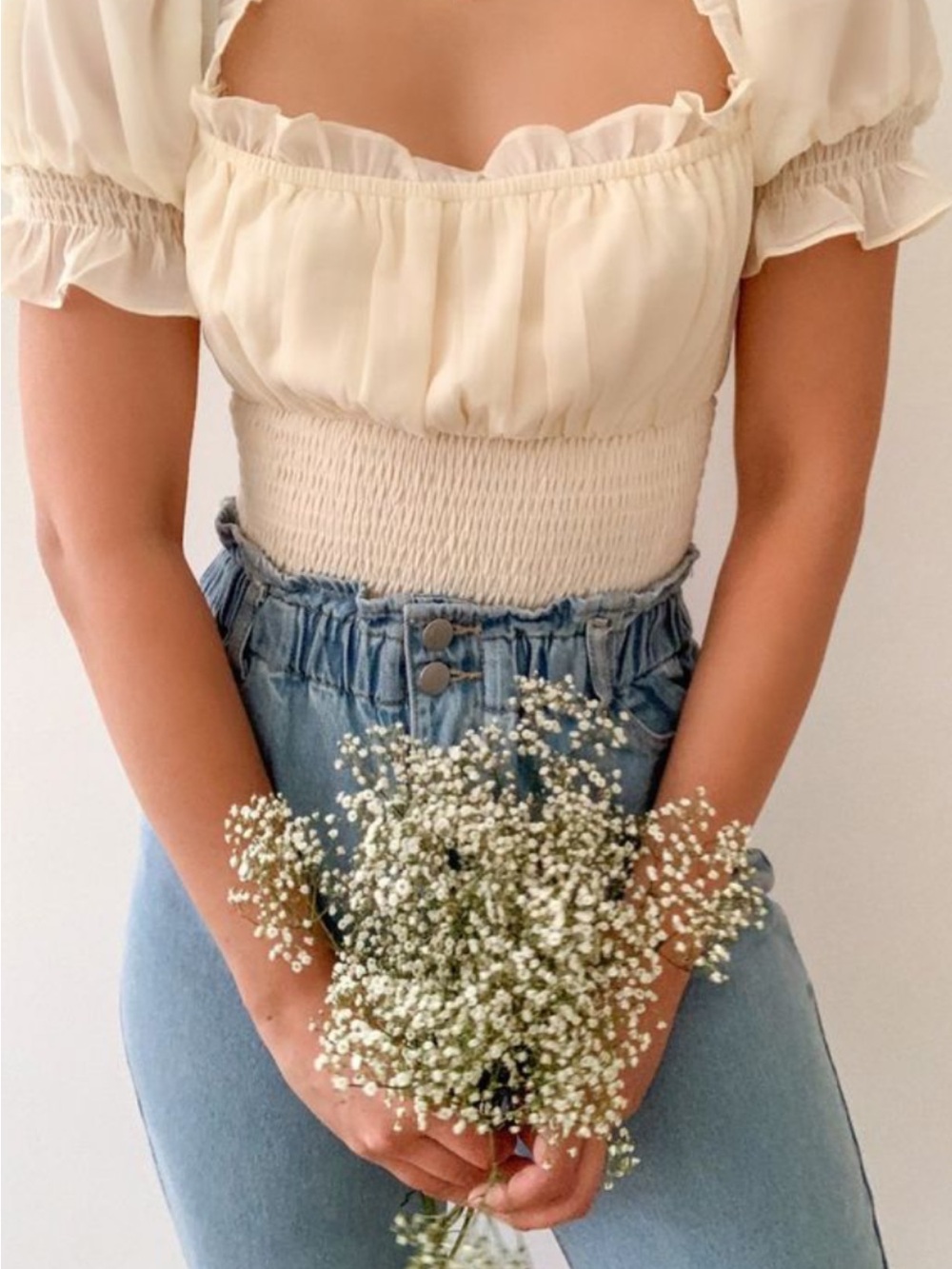 Smocked Square-Neck Crop Top in Cream